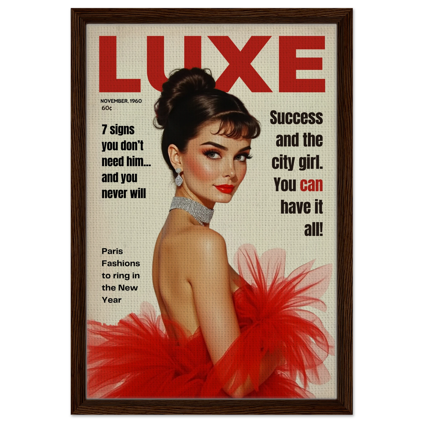 Audrey Hepburn Vintage Fashion Art Print Dark Brown Wood Frame 40x60 cm 16x24″ Framed Canvas