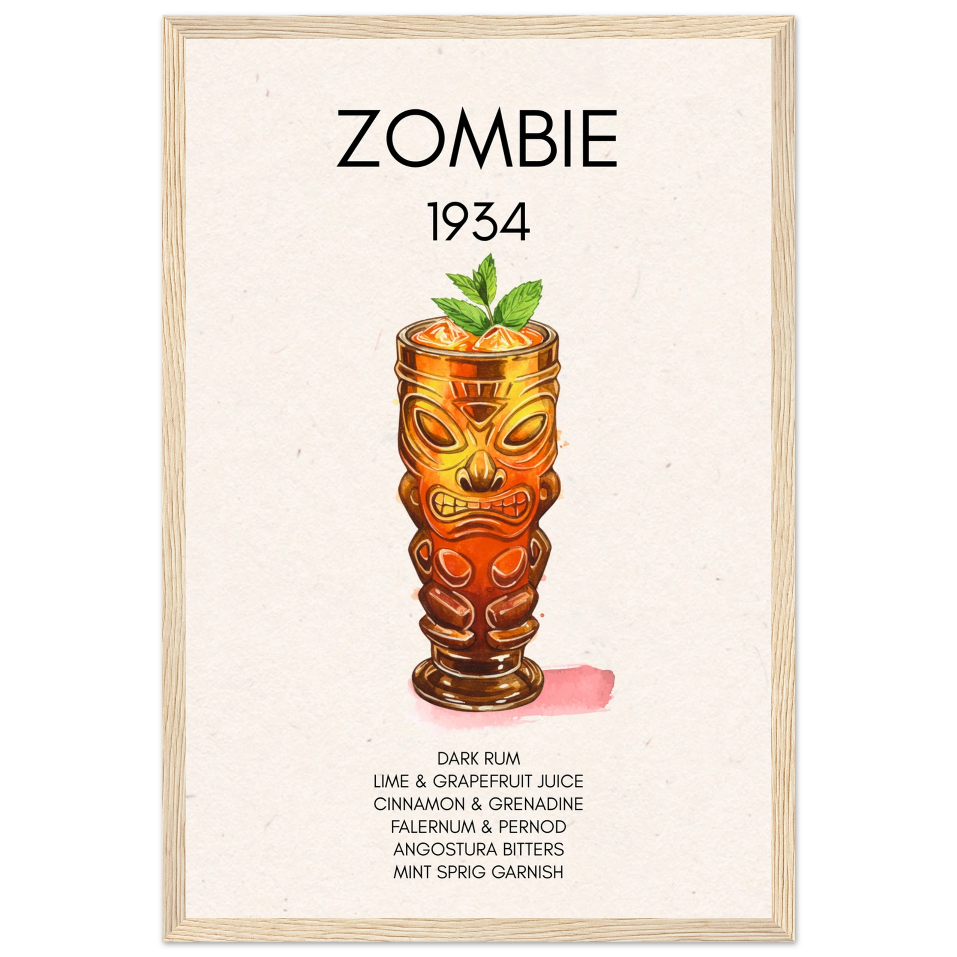 Zombie Tiki Cocktail Bar Art Print Light Wood Frame 30x45 cm 12x18″ Classic Matte Paper Wooden Framed Poster