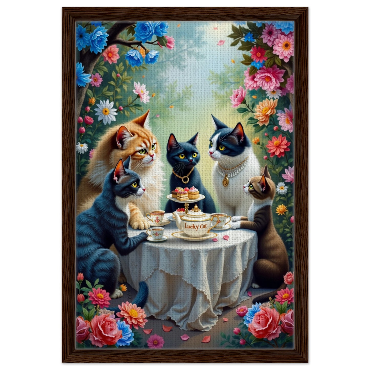 Lucky Cat Garden Tea Party Kitchen Art Print Dark Brown Wood Frame 40x60 cm 16x24″ Framed Canvas