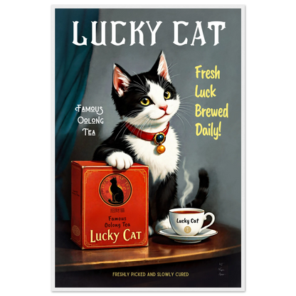 Lucky Tuxedo Cat Tea Kitchen Art Print 60x90 cm 24x36″ Classic Matte Framed Poster White Wood Frame