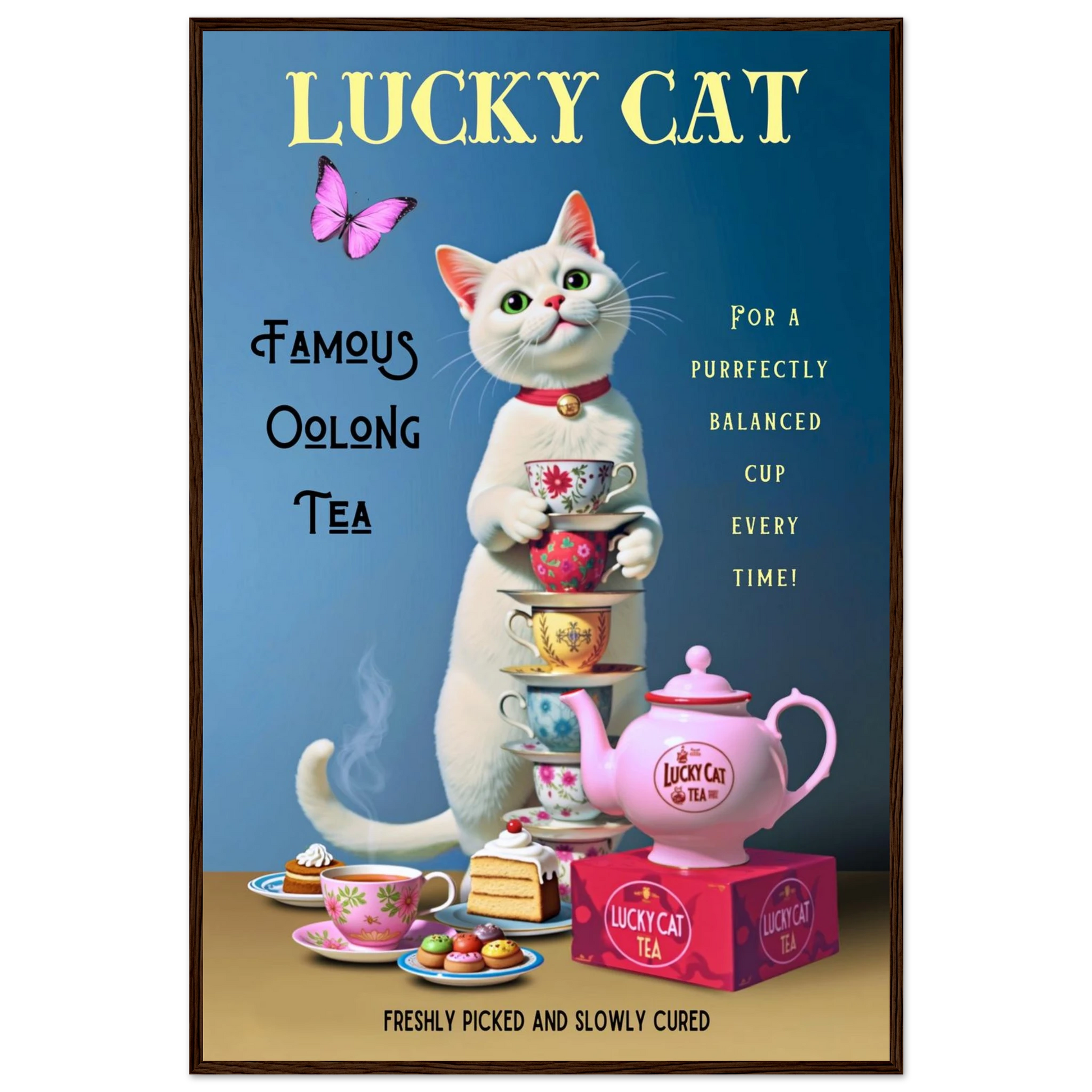 White Lucky Cat Tea Vintage Fine Art Print Dark Brown Wood Frame 60x90 cm 24x36″ Premium Matte Paper Wooden Framed Poster