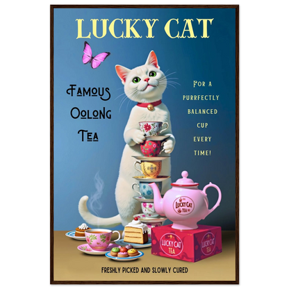 White Lucky Cat Tea Vintage Fine Art Print Dark Brown Wood Frame 60x90 cm 24x36″ Premium Matte Paper Wooden Framed Poster
