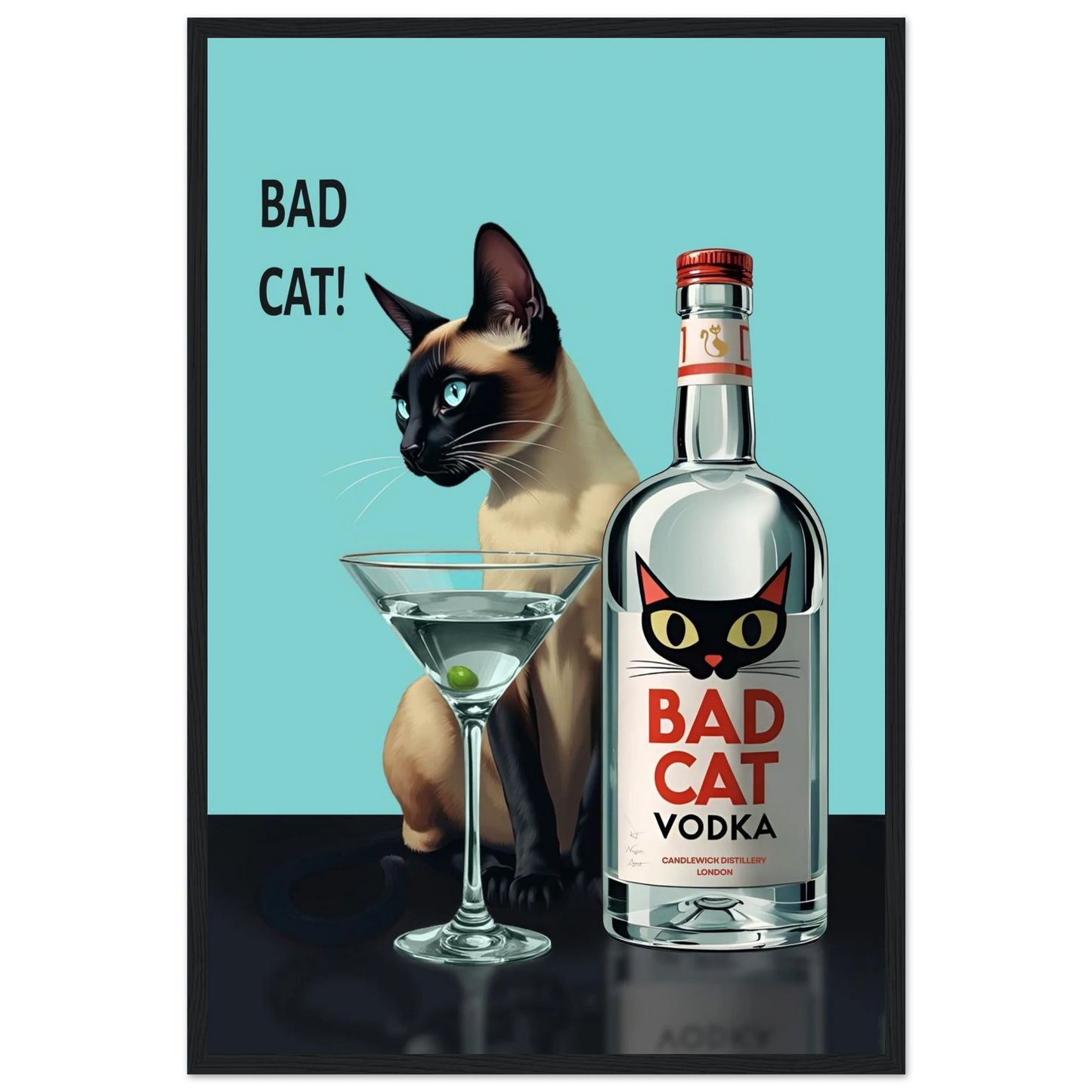 Siamese Cat Retro Martini Cocktail Bar Art Print Black Wood Frame 60x90 cm 24x36″ Framed Canvas