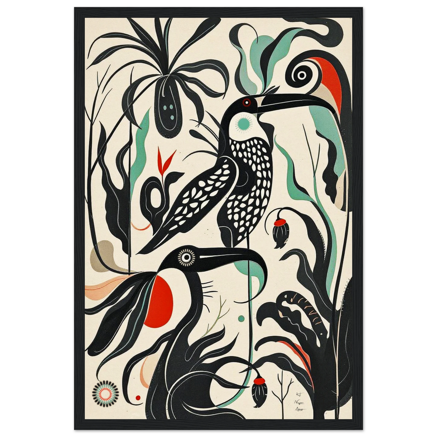 Mid-Century Modern Tropical Bird Art Print Black Wood Frame 30x45 cm 12x18″ Museum-Quality Matte Wooden Framed Poster