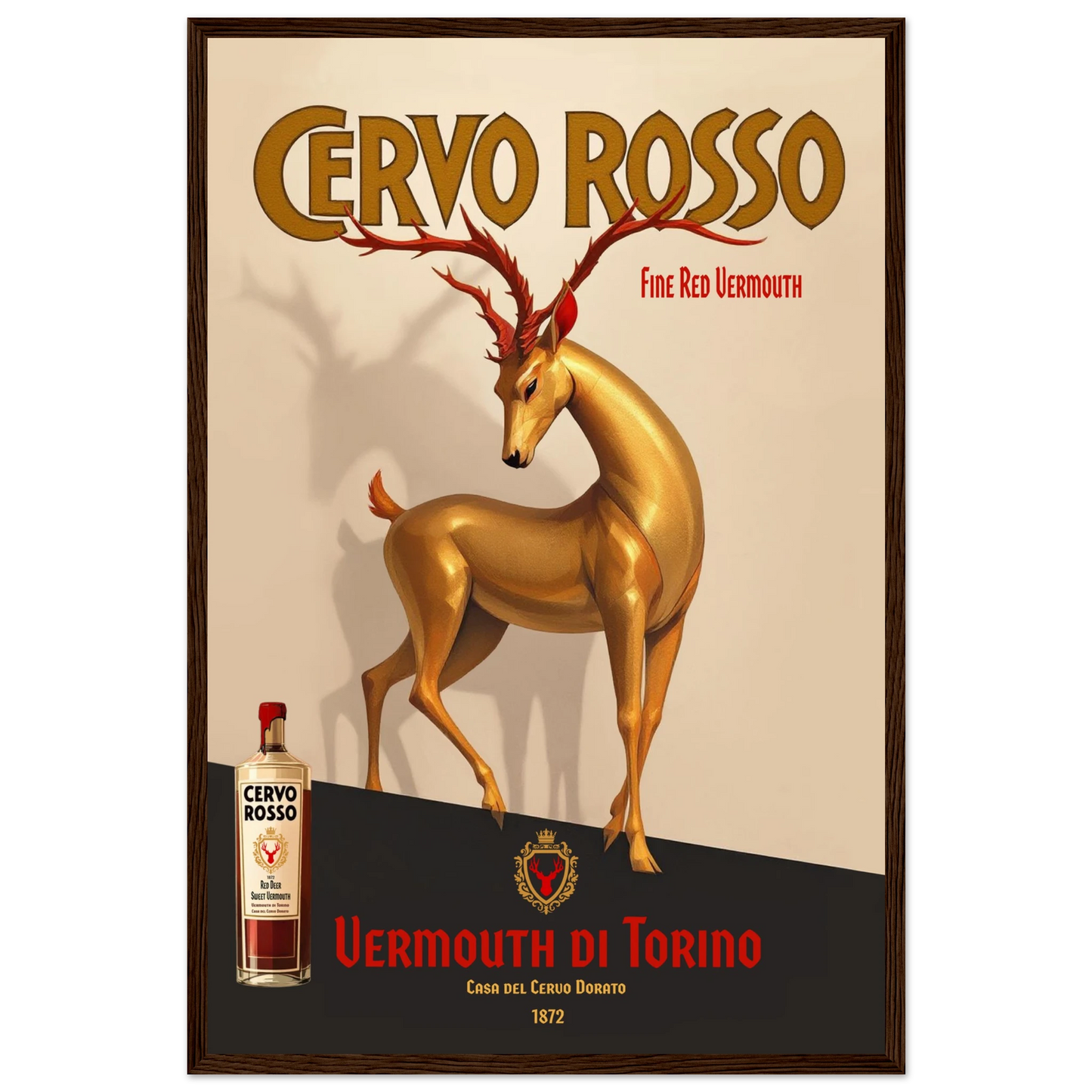Art Deco Golden Deer Cocktail Bar Poster Print 40x60 cm 16x24″ Premium Matte Paper Wooden Framed Poster Dark Brown Wood Frame