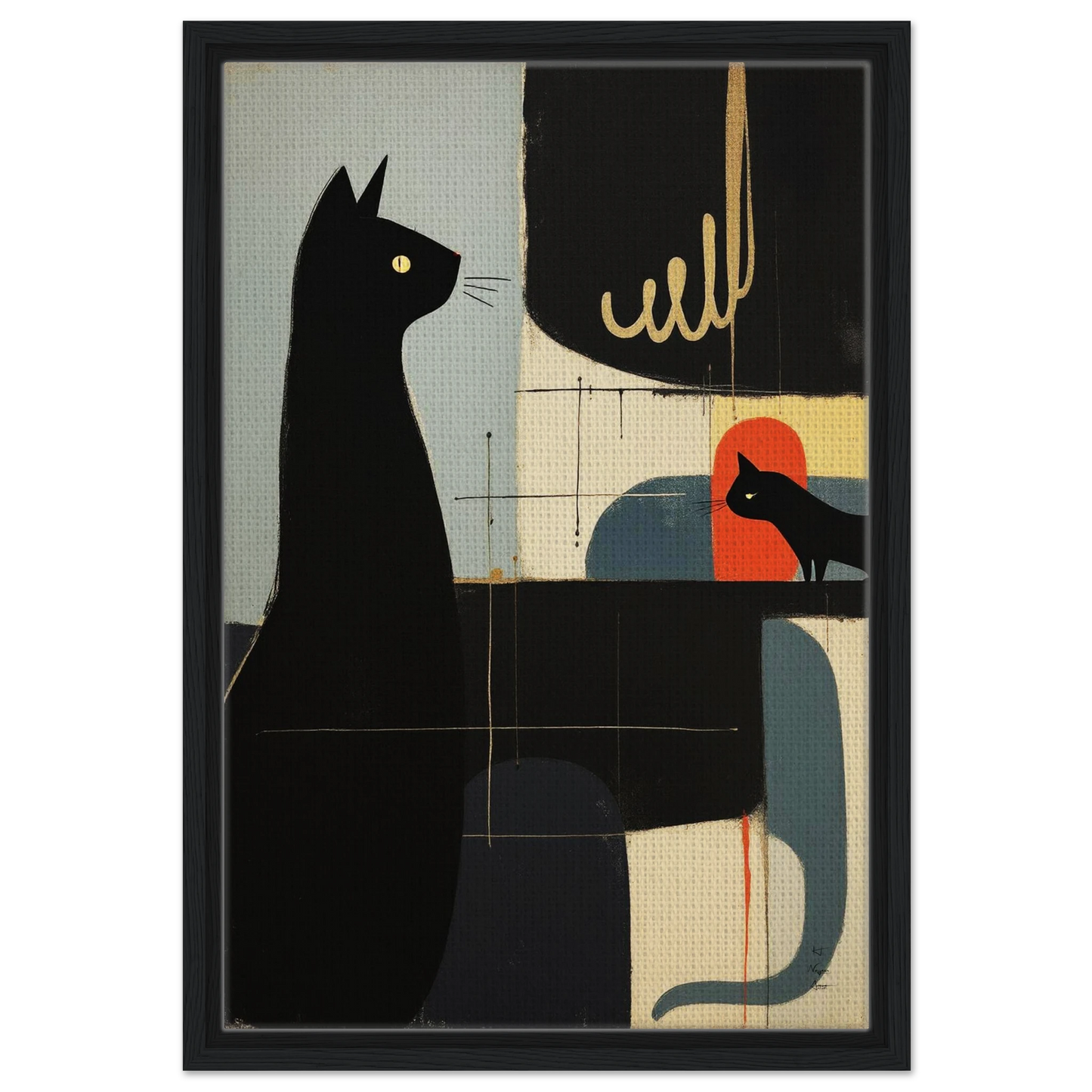 Abstract Cat & Kitten Modern Art Print Black Wood Frame 40x60 cm 16x24″ Framed Canvas