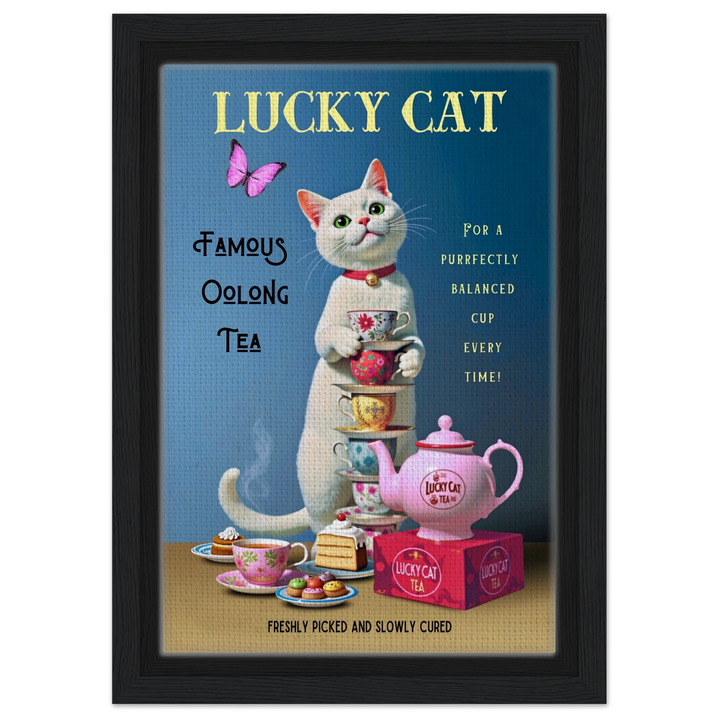 White Lucky Cat Tea Vintage Fine Art Print Black Wood Frame 20x30 cm 8x12″ Framed Canvas