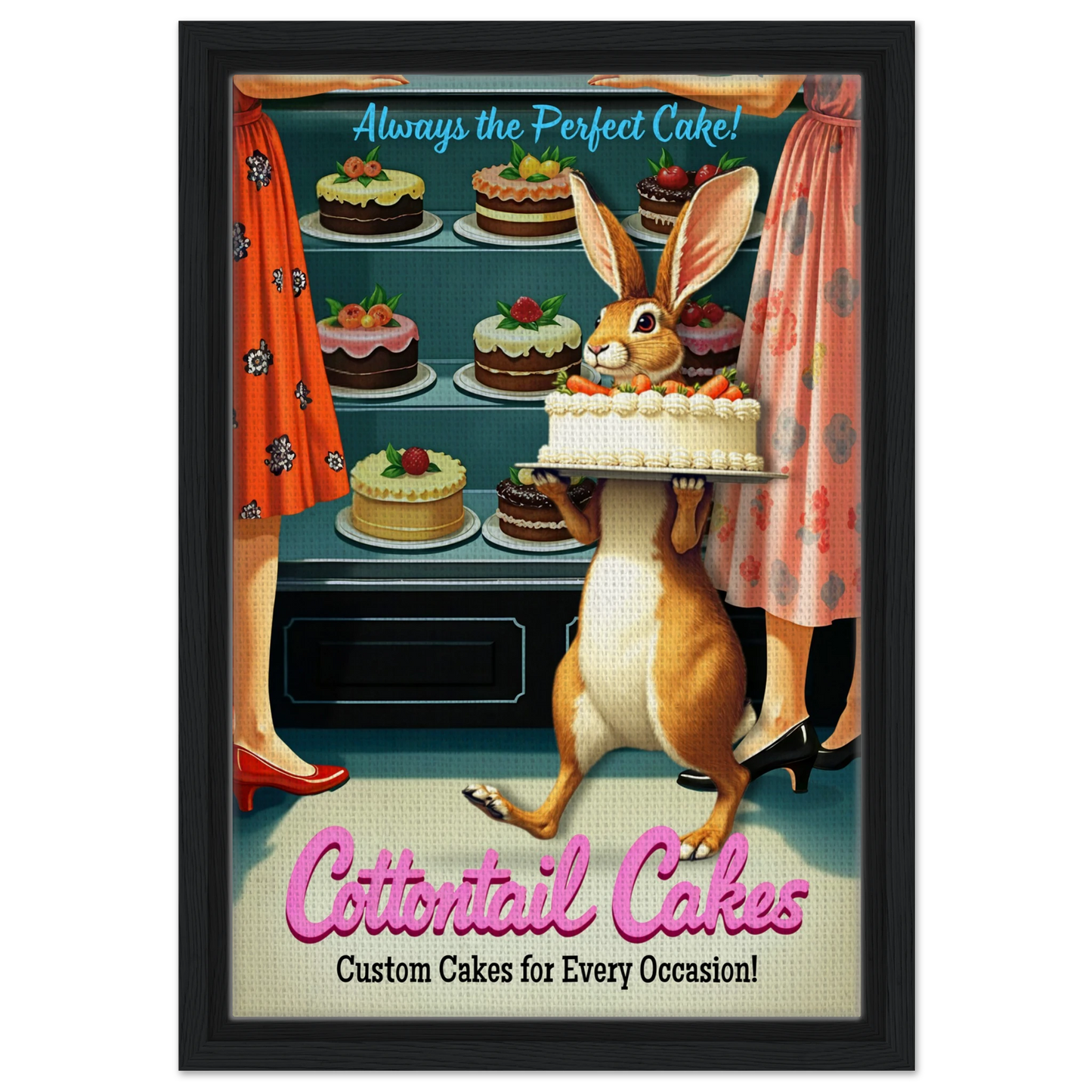 Cottontail Rabbit Bakery 1950s Kitchen Print Black Wood frame 30x45 cm 12x18″ Framed Canvas