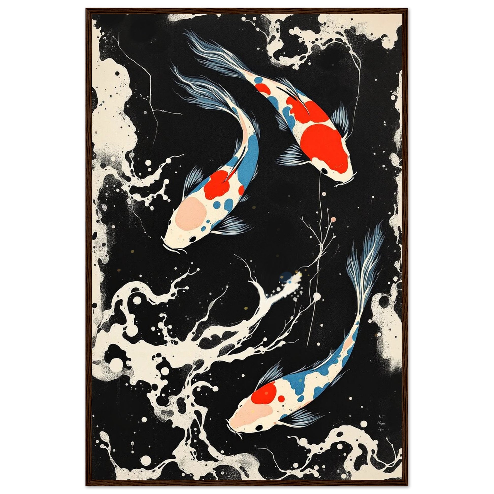 Modern Black White Koi Fish Ocean Art Print 60x90 cm 24x36″ Premium Matte Paper Wooden Framed Poster Dark Brown Wood Frame