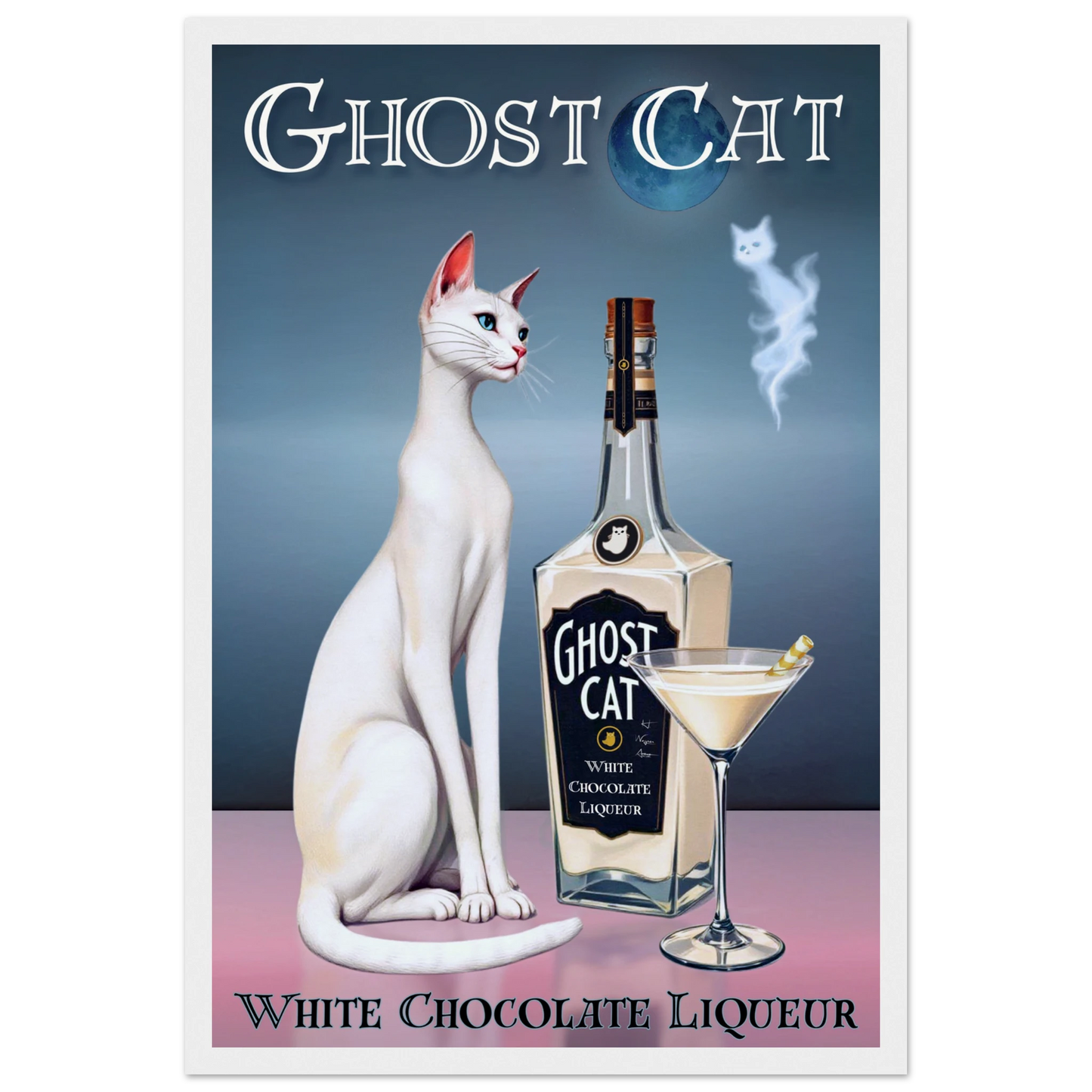 White Cat Martini Cocktail Bar Art Print 30x45 cm 12x18″ Museum-Quality Matte Paper Wooden Framed Poster White Wood Frame