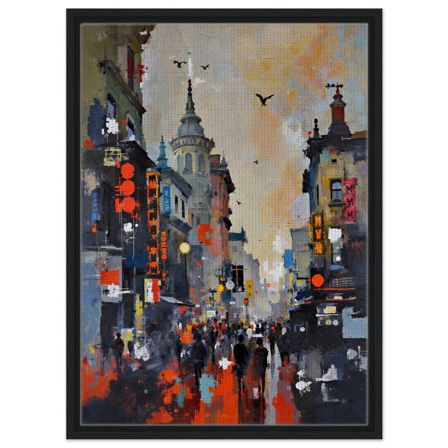 Gothic City Street Art Print - European Cityscape 50x70 cm 20x28″ Framed Canvas - Black Wood