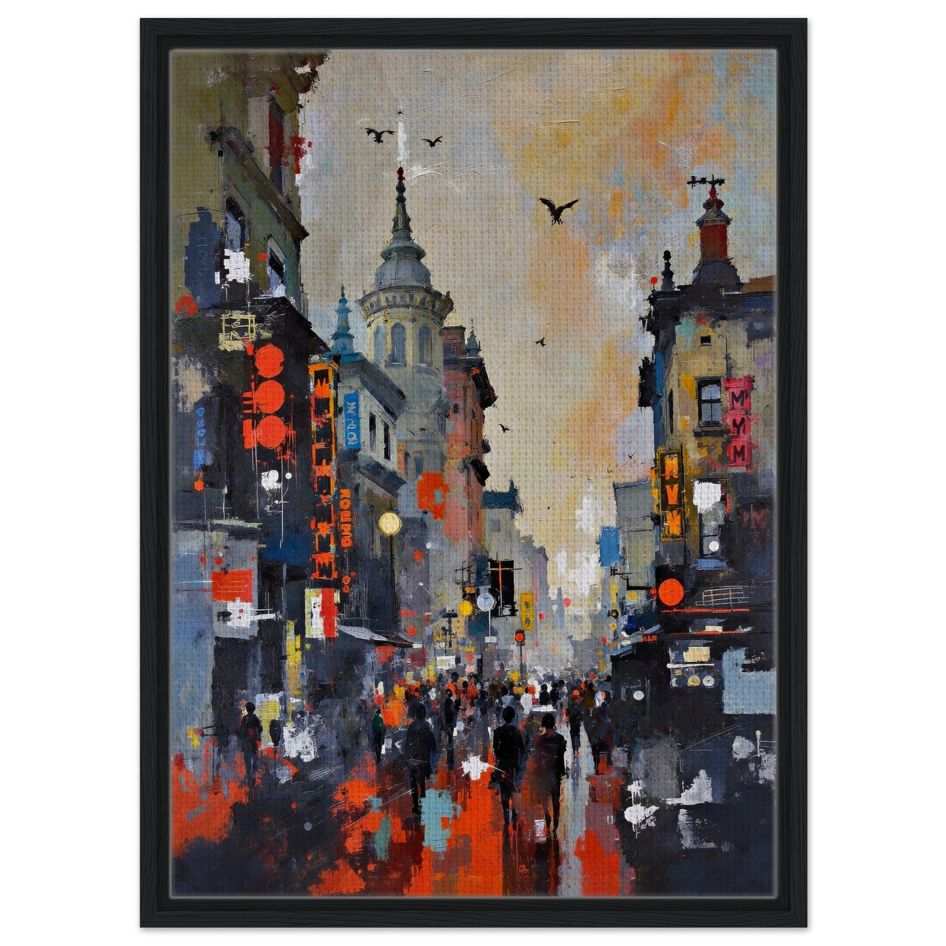 Gothic City Street Art Print - European Cityscape 50x70 cm 20x28″ Framed Canvas - Black Wood