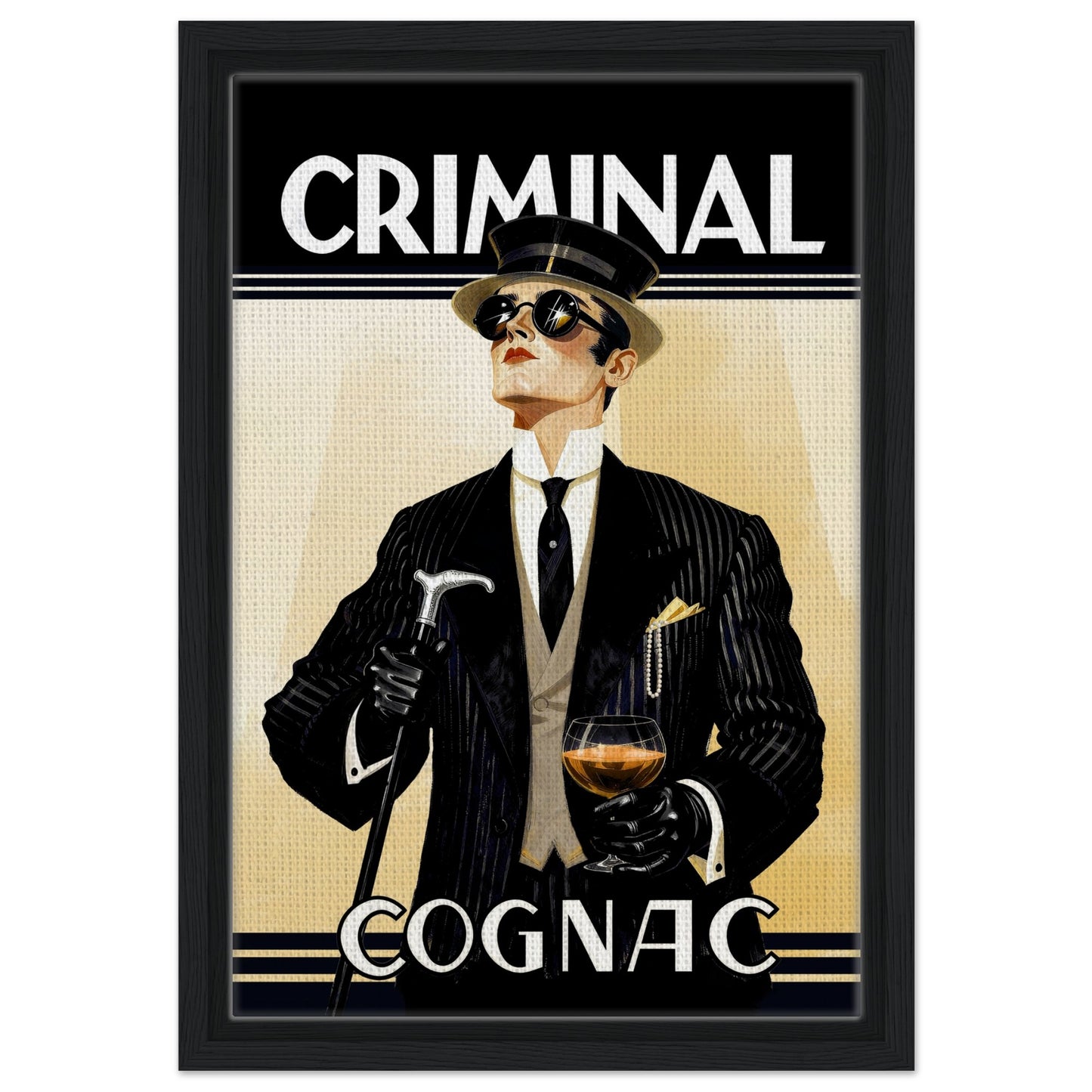 Criminal Cognac 1920s Art Deco Print 30x45 cm 12x18″ Framed Canvas - Black Wood