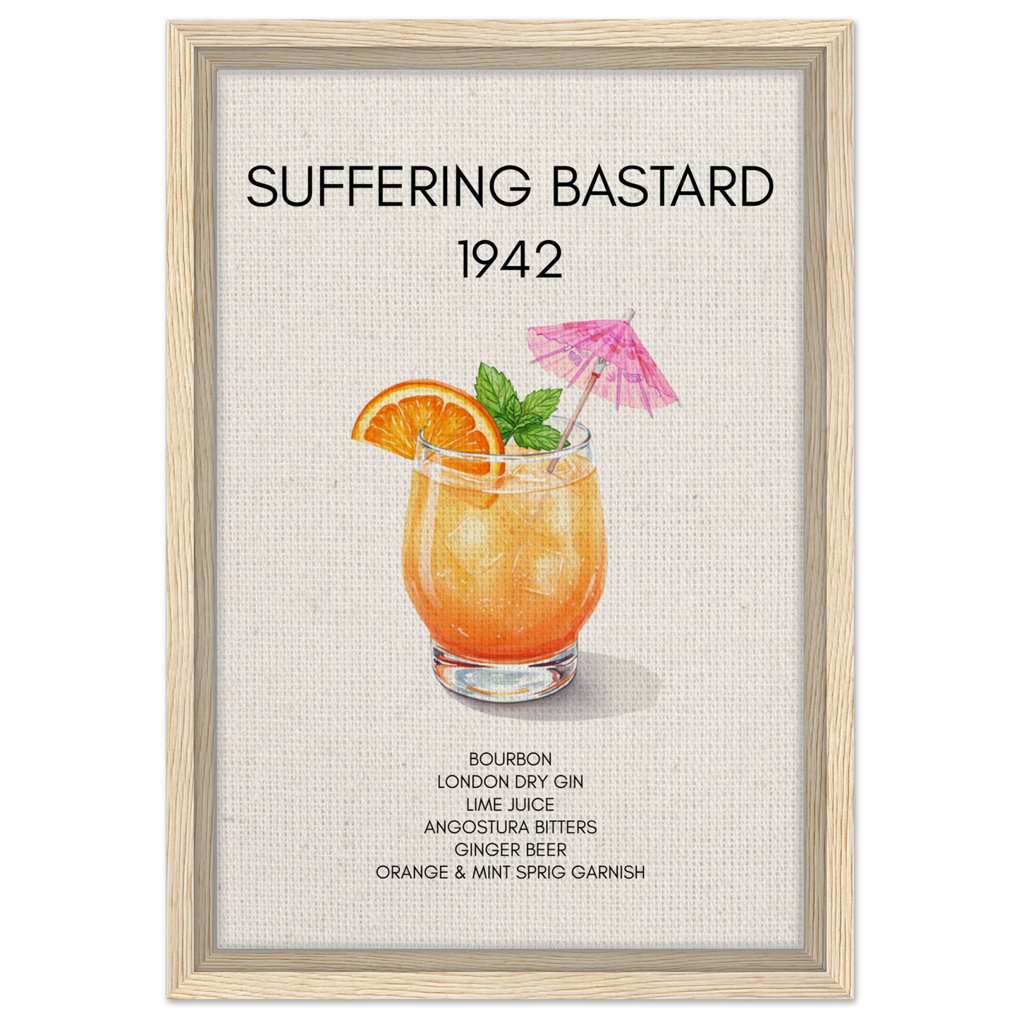 Suffering Bastard Tiki Cocktail Bar Poster Print Light Wood Frame 30x45 cm 12x18″ Framed Canvas