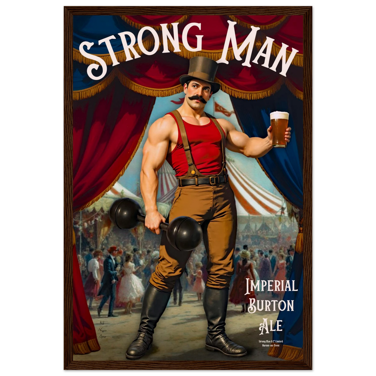 Vintage Victorian Circus Strongman Ale Art Print Dark Brown Wood Frame 30x45 cm 12x18″ Museum-Quality Matte Wooden Framed Poster