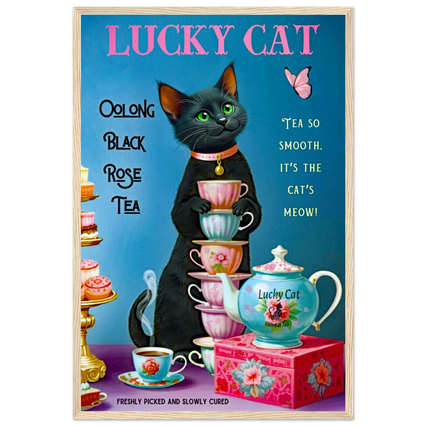 Lucky Cat Vintage Oolong Tea Art Print 40x60 cm 16x24″ Premium Matte Paper Wooden Framed Poster Light Wood Frame