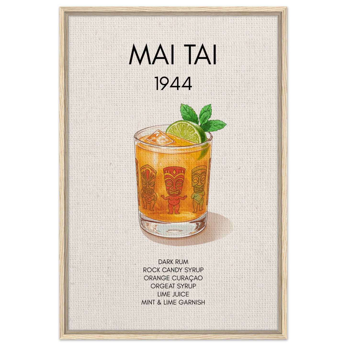 Mai Tai Tropical Cocktail Bar Poster Print Light Wood Frame 60x90 cm 24x36″ Framed Canvas