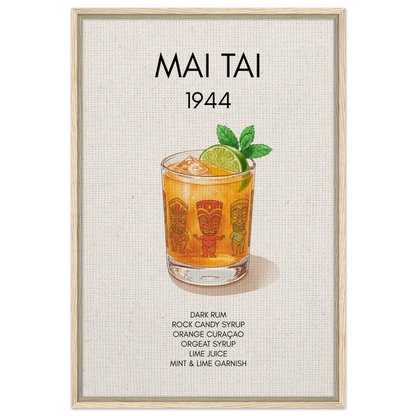 Mai Tai Tropical Cocktail Bar Poster Print Light Wood Frame 60x90 cm 24x36″ Framed Canvas
