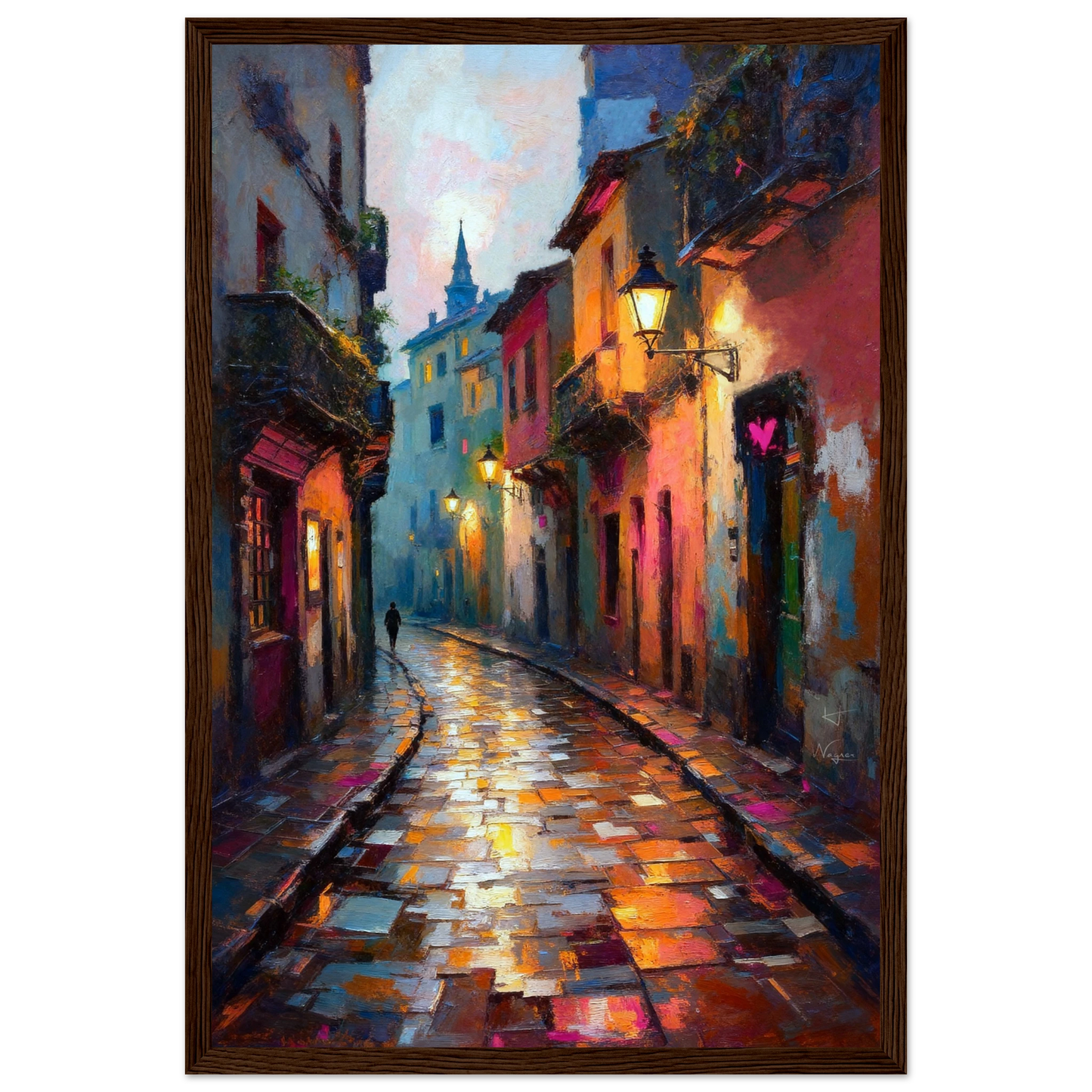 Old Europe Romantic Street Art Print 60x90 cm 24x36″ Premium Matte Framed Poster Dark Brown Wood