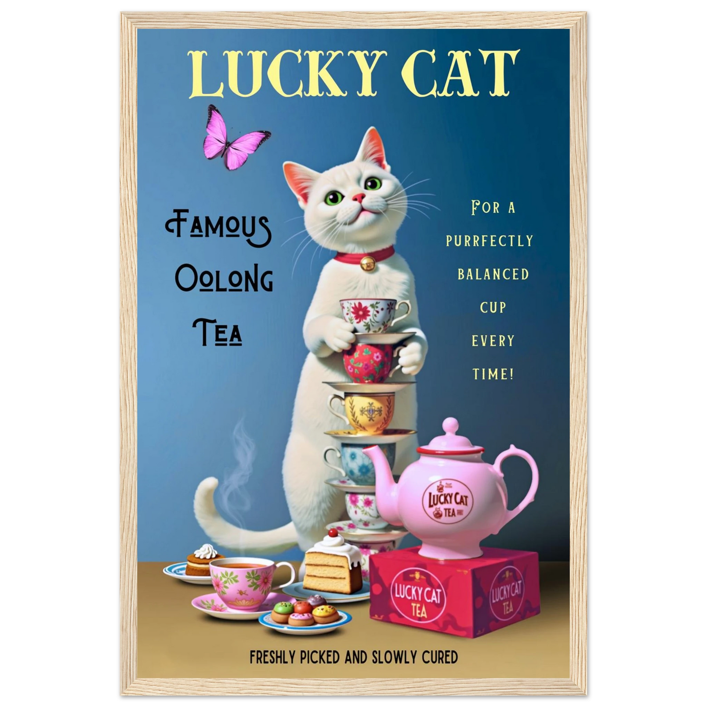 White Lucky Cat Tea Vintage Fine Art Print Light Wood Frame 30x45 cm 12x18″ Classic Matte Paper Wooden Framed Poster