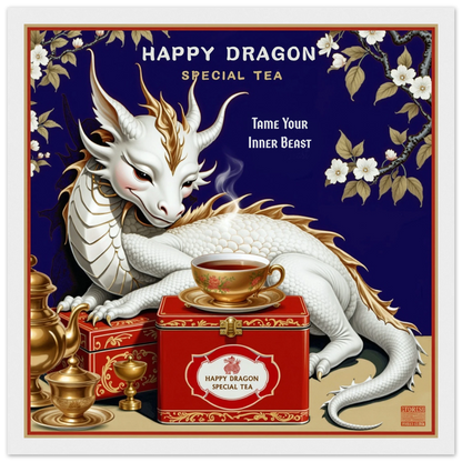 Happy Dragon Tea Art Print 30x30 cm 12x12″ Classic Matte Paper Wooden Framed Poster White Wood Frame