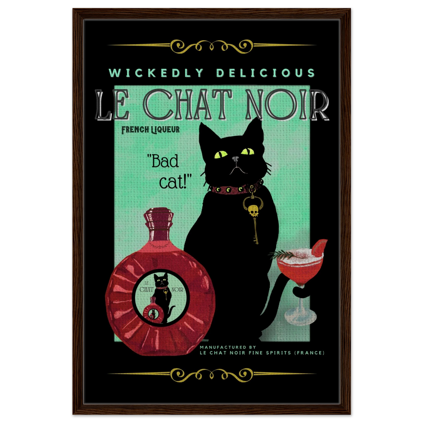 Black Cat Cocktail French Art Deco Print 60x90 cm 24x36″ Framed Canvas Dark Brown Wood Frame