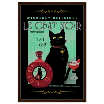 Black Cat Cocktail French Art Deco Print 60x90 cm 24x36″ Framed Canvas Dark Brown Wood Frame