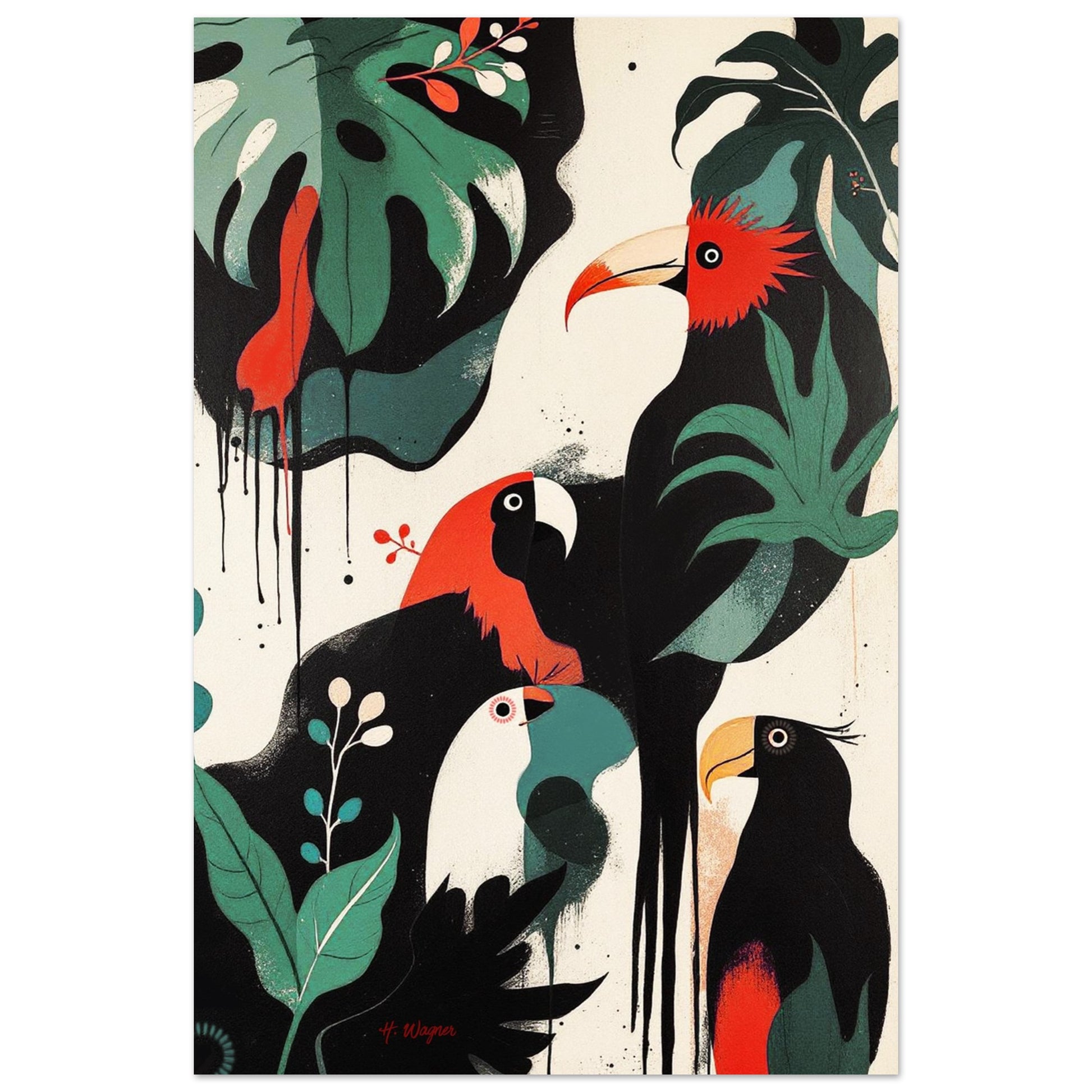 Mid-Century Modern Exotic Bird Art Poster Print - Framed Tropical Parrot Wall Décor Light Wood Frame 60x90 cm 24x36″ Premium Matte Wooden Framed Poster