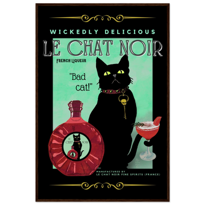 Black Cat Cocktail French Art Deco Print 60x90 cm 24x36″ Classic Matte Paper Wooden Framed Poster Dark Brown Wood Frame