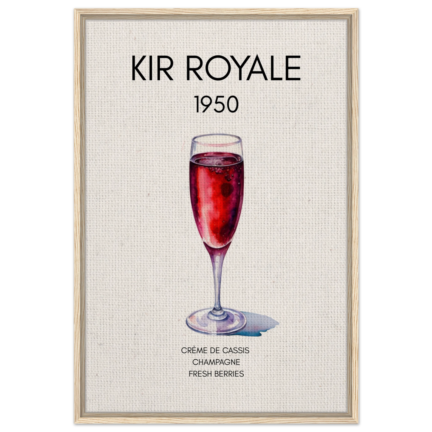 Kir Royale Champagne Cocktail Bar Poster Print Light Wood Frame 60x90 cm 24x36″ Framed Canvas