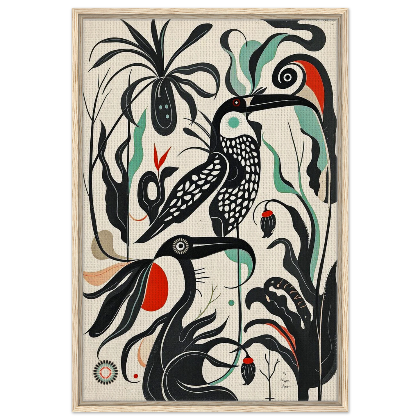 Mid-Century Modern Tropical Bird Art Print Light Wood Frame 60x90 cm 24x36″ Framed Canvas