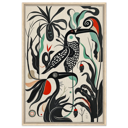 Mid-Century Modern Tropical Bird Art Print Light Wood Frame 60x90 cm 24x36″ Framed Canvas