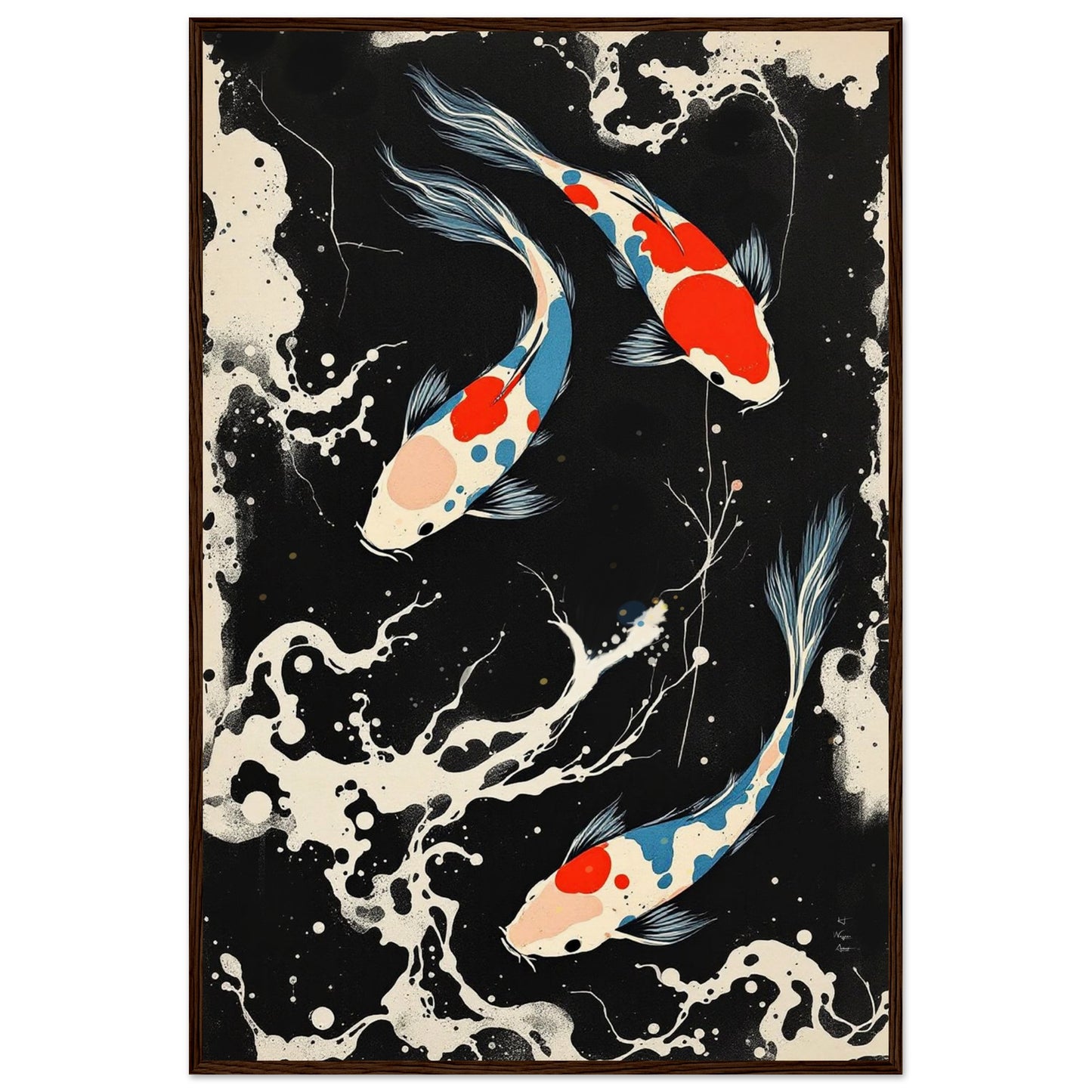 Modern Black White Koi Fish Ocean Art Print 60x90 cm 24x36″ Museum-Quality Matte Paper Wooden Framed Poster Dark Brown Wood Frame