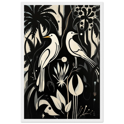 Black & White Minimalist Bird Art Print White Wood Frame 30x45 cm 12x18″ Premium Matte Paper Wooden Framed Poster