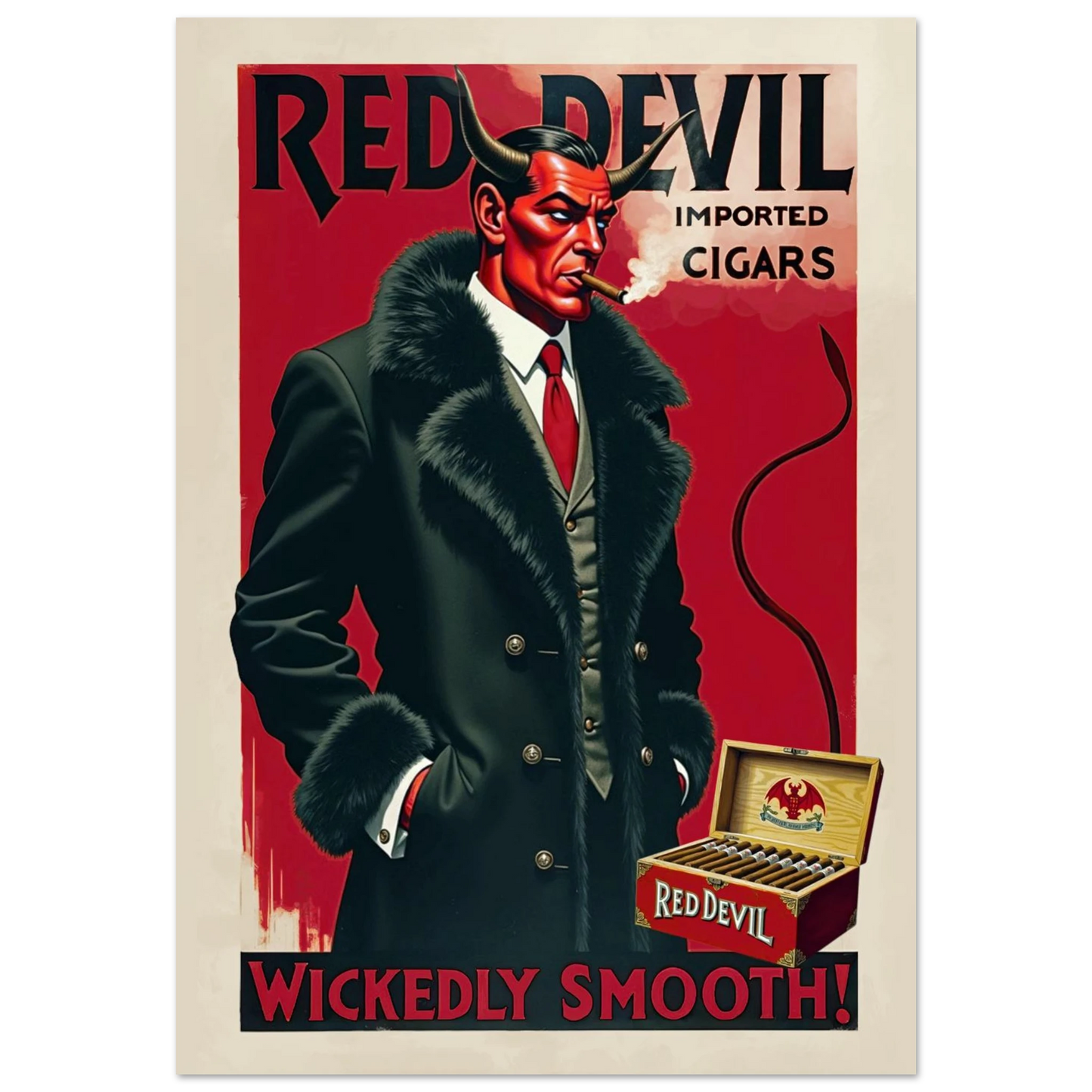Red Devil Art Deco Cigar Art Print 70x100 cm 28x40″ Classic Matte Paper Poster No Frame
