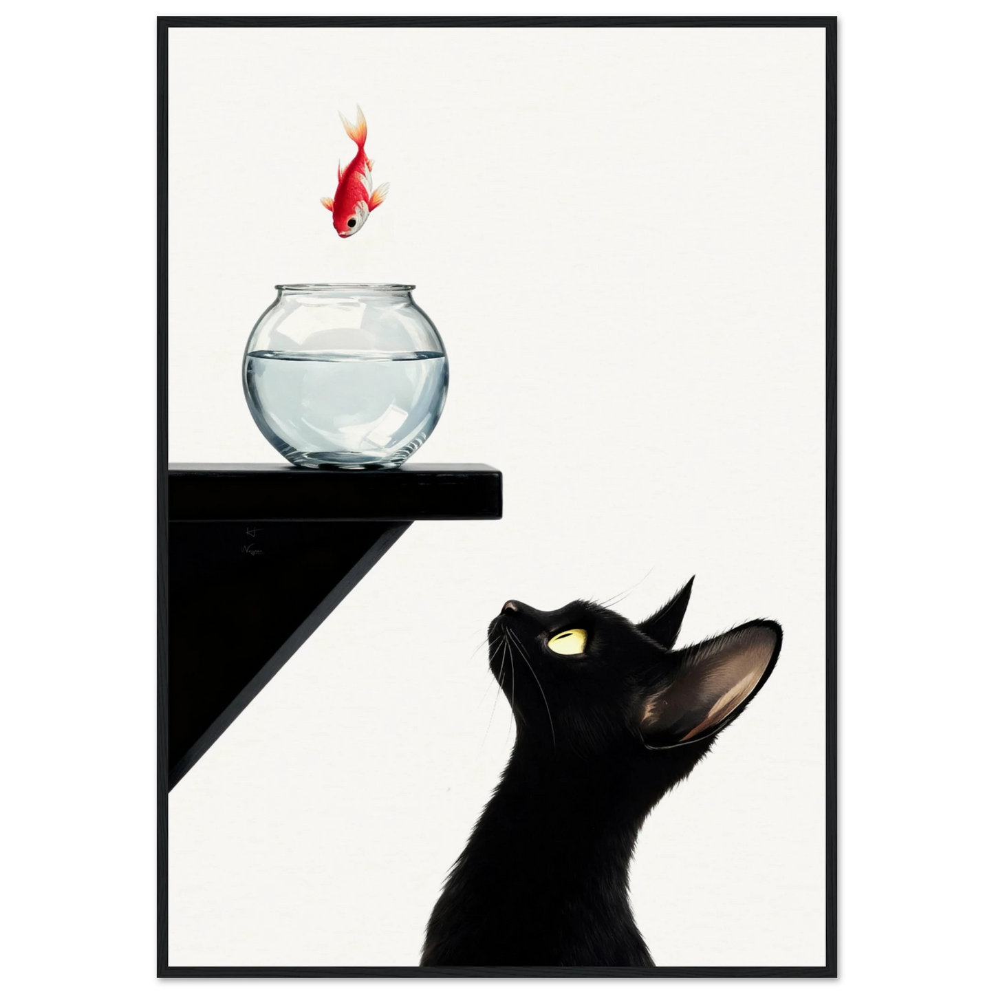 Curious Black Cat Goldfish Minimalist Art Print 70x100 cm 28x40″ Museum-Quality Matte Framed Poster - Black Wood