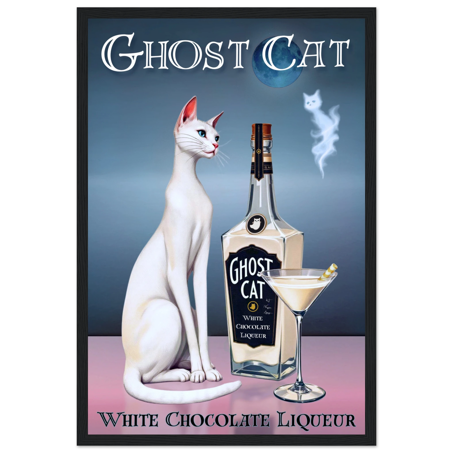White Cat Martini Cocktail Bar Art Print 30x45 cm 12x18″ Premium Matte Paper Wooden Framed Poster Black Wood frame