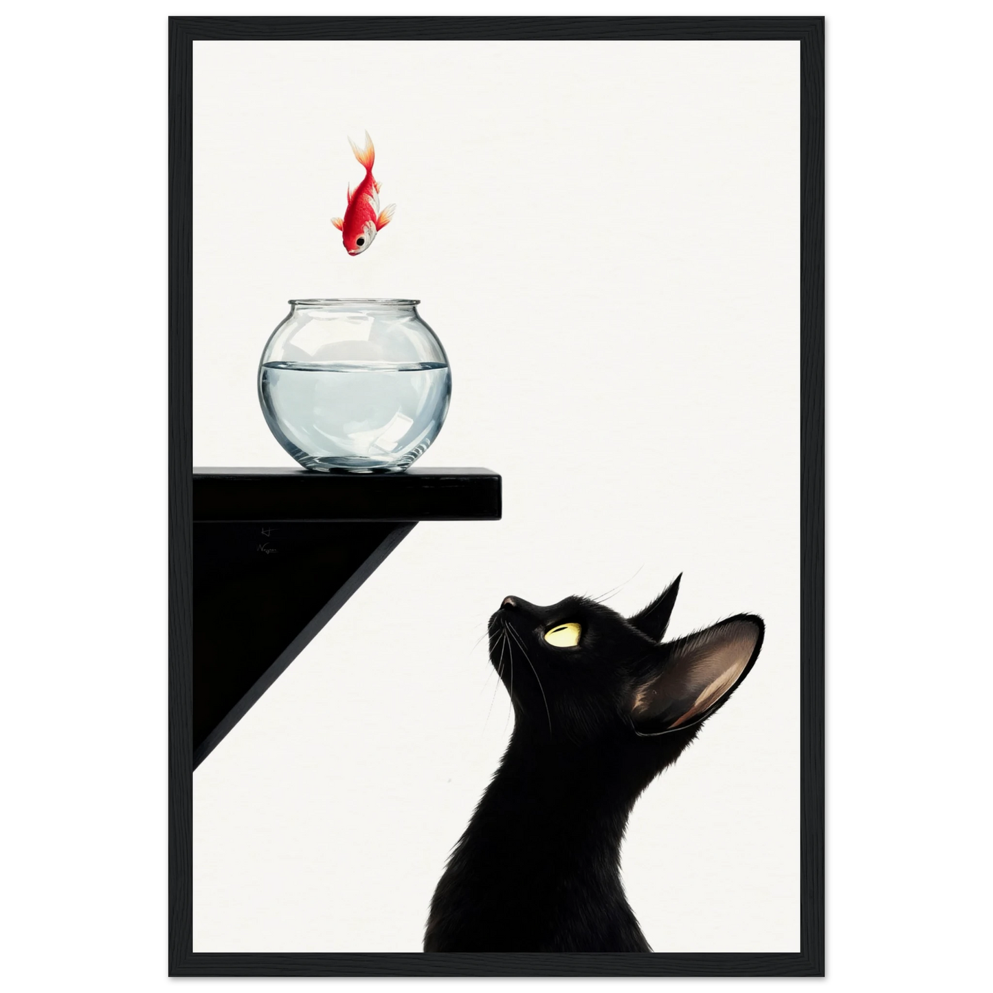 Curious Black Cat Goldfish Minimalist Art Print 30x45 cm 12x18″ Museum-Quality Matte Framed Poster - Black Wood