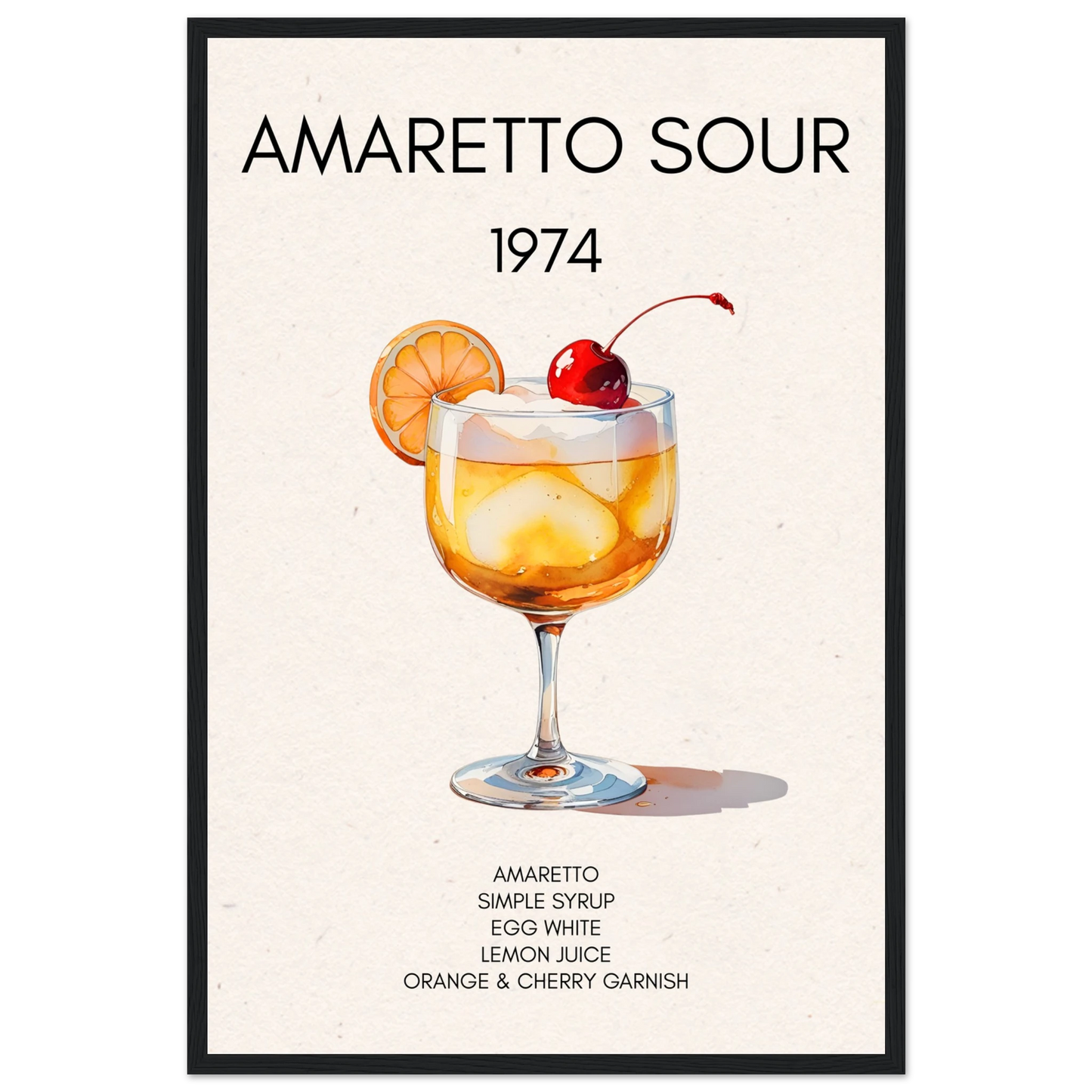 Amaretto Sour Cocktail Bar Art Print Black Wood Frame 40x60 cm 16x24″ Premium Matte Paper Wooden Framed Poster