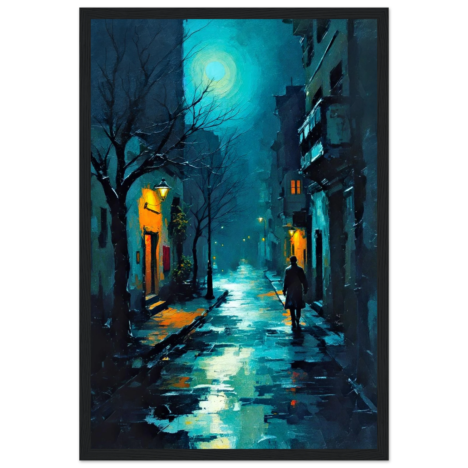 Blue Moon Night Street Scene Art Print 30x45 cm 12x18″ Premium Matte Framed Poster Black Wood Frame