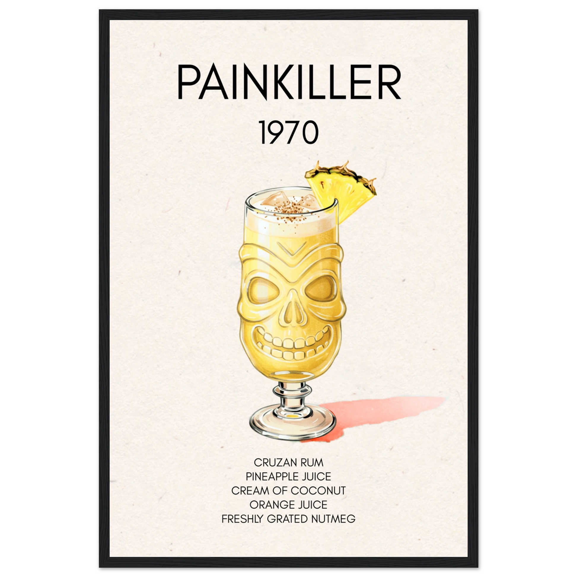 Painkiller Cocktail Bar Art Tiki Print Black Wood Frame 40x60 cm 16x24″ Premium Matte Paper Wooden Framed Poster