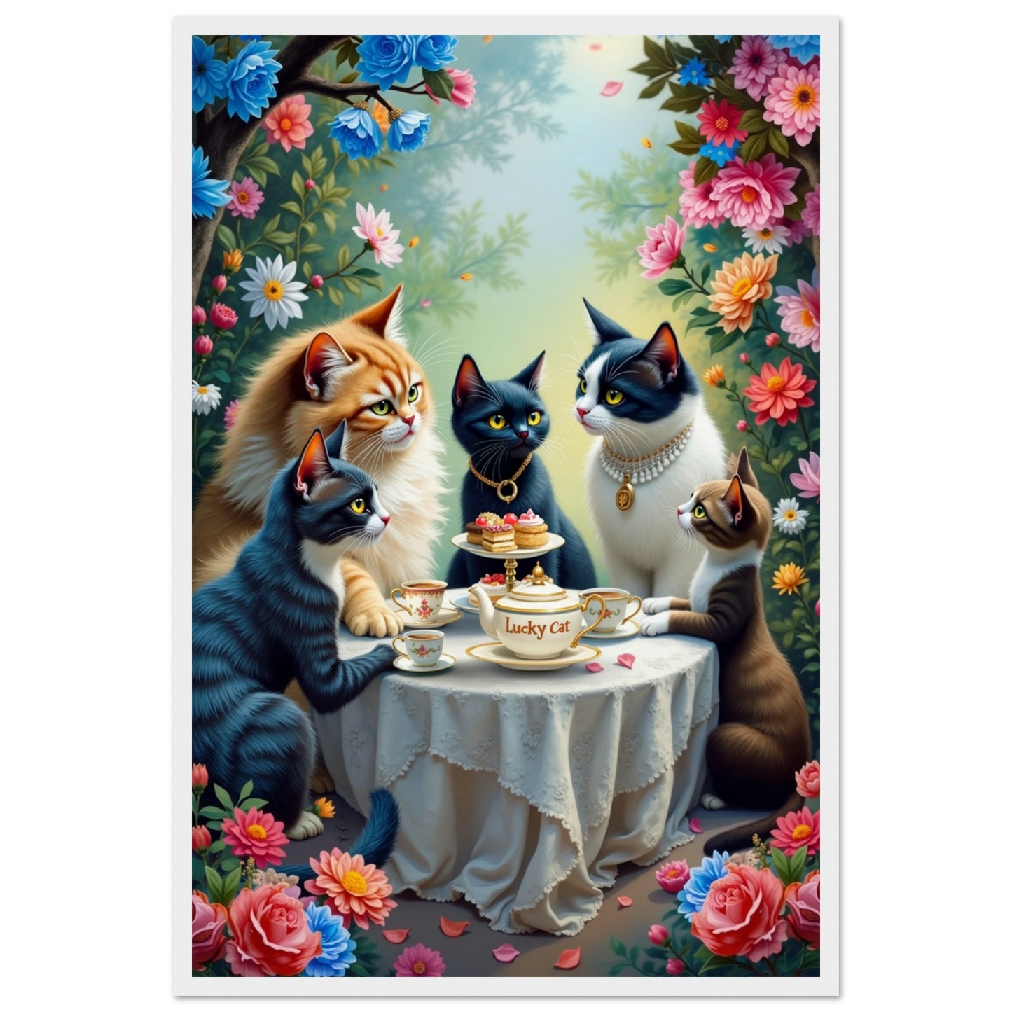 Lucky Cat Garden Tea Party Kitchen Art Print White Wood Frame 40x60 cm 16x24″ Museum-Quality Matte Paper Wooden Framed Poster