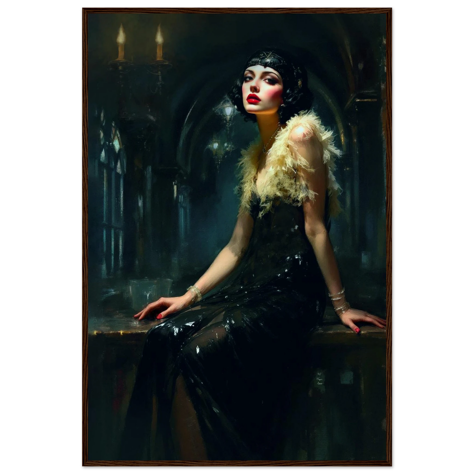 Speakeasy 1920s Elegant Flapper Art Print 60x90 cm 24x36″ Museum-Quality Matte Paper Wooden Framed Poster Dark Brown Wood Frame