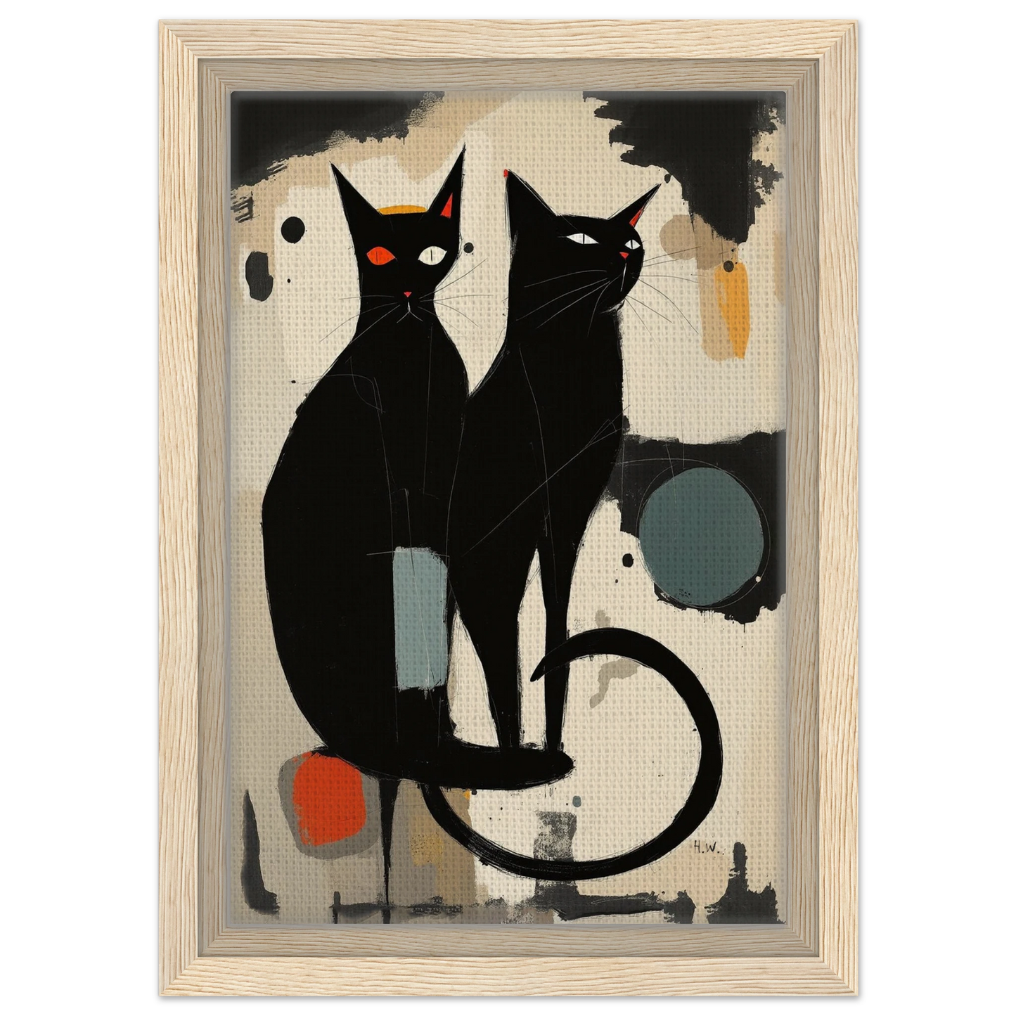 Abstract Crazy Cat Duo Art Print Light Wood Frame 20x30 cm 8x12″ Framed Canvas