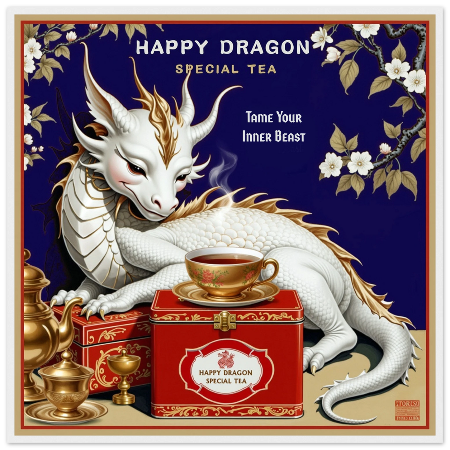 Happy Dragon Tea Art Print 70x70 cm 28x28″ Premium Matte Paper Wooden Framed Poster White Wood Frame