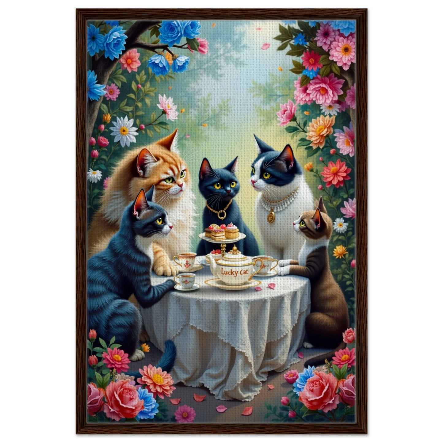Lucky Cat Garden Tea Party Kitchen Art Print Dark Brown Wood Frame 60x90 cm 24x36″ Framed Canvas