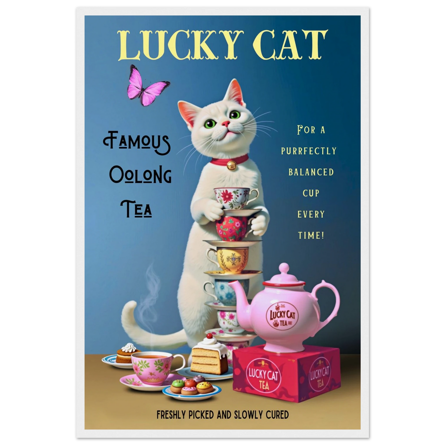 White Lucky Cat Tea Vintage Fine Art Print White Wood Frame 40x60 cm 16x24″ Museum-Quality Matte Paper Wooden Framed Poster