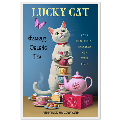White Lucky Cat Tea Vintage Fine Art Print White Wood Frame 40x60 cm 16x24″ Museum-Quality Matte Paper Wooden Framed Poster