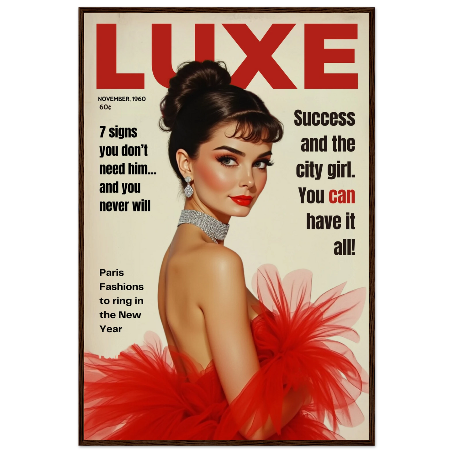 Audrey Hepburn Vintage Fashion Art Print Dark Brown Wood Frame 60x90 cm 24x36″ Classic Matte Paper Wooden Framed Poster