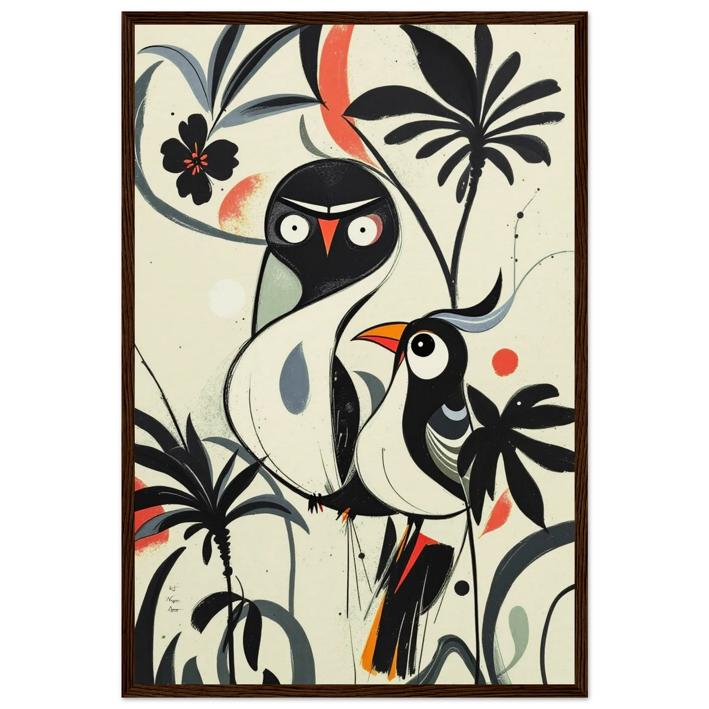 Abstract Bird Modern Tropical Art Print Dark Brown Wood Frame 40x60 cm 16x24″ Museum-Quality Matte Wooden Framed Poster